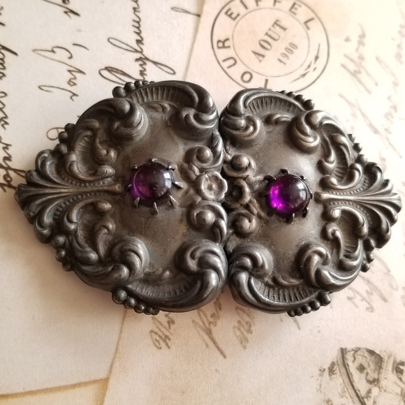 Antique Victorian sash belt buckle purple glass cabochons black metal main image 2